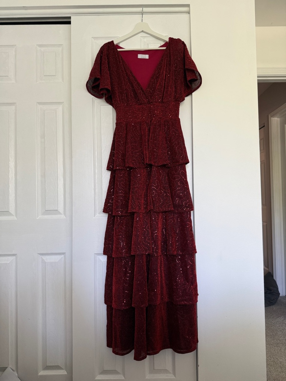 Sequin Tiered V-Neck Maxi Dress - Burgundy